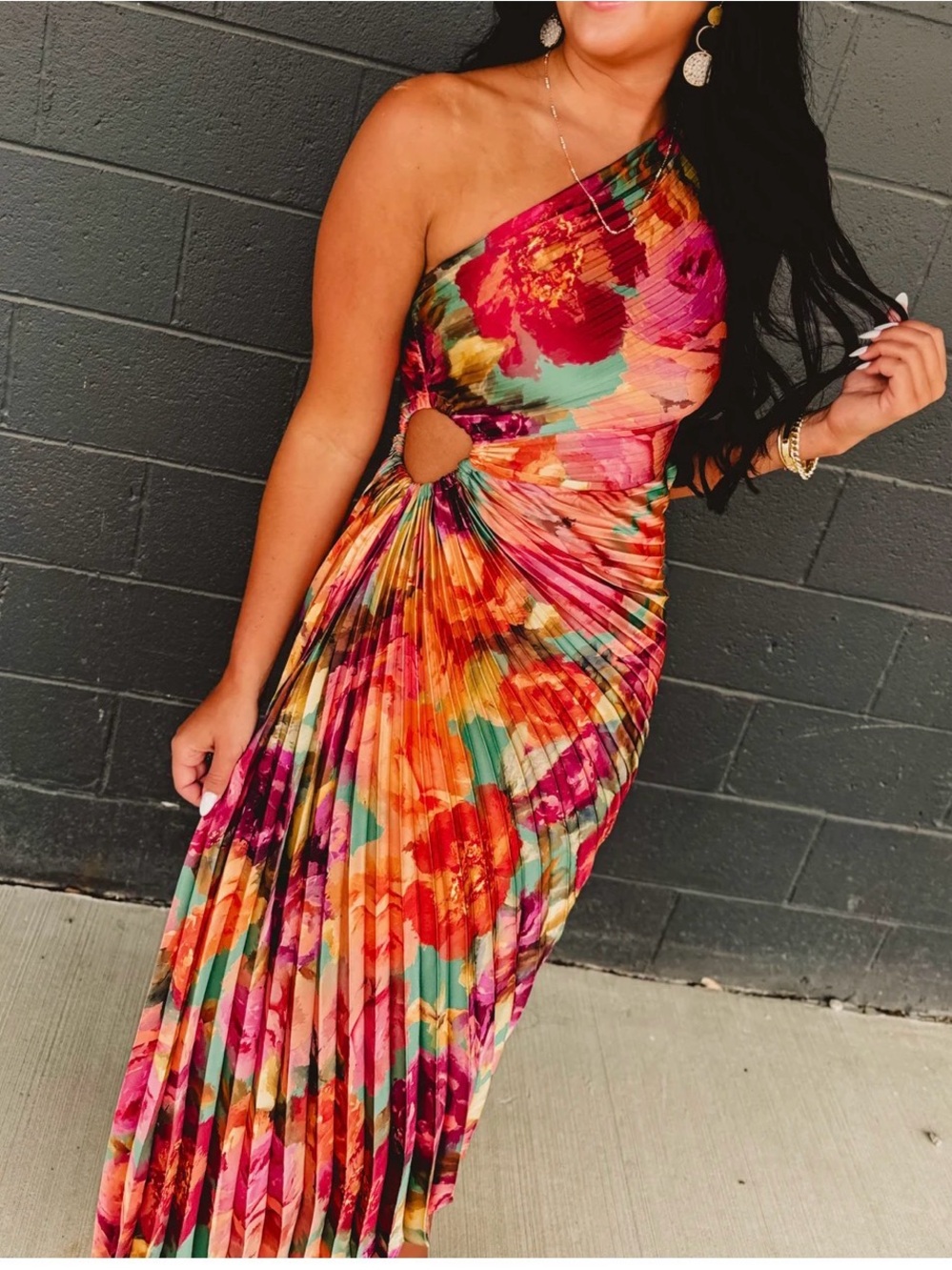 One-Shoulder Floral Maxi Dress in Multi-Color